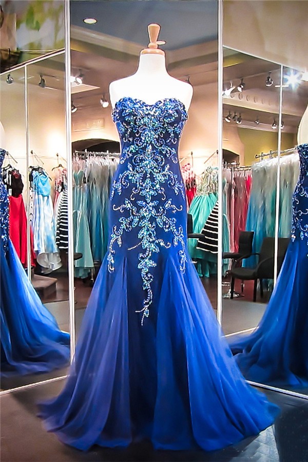 Gorgeous Mermaid Sweetheart Royal Blue Tulle Beaded Prom Dress 7315