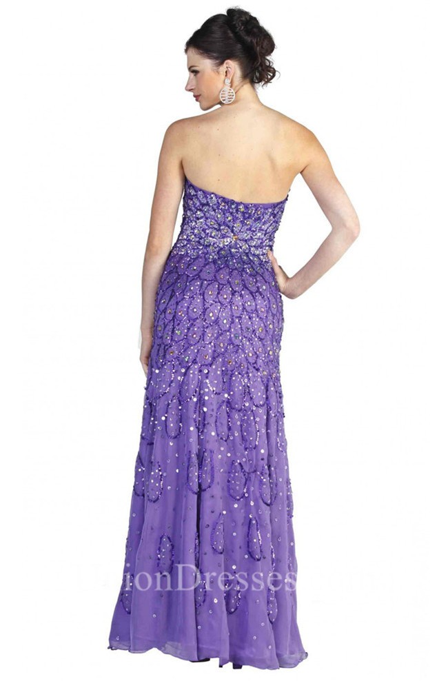 Gorgeous Sheath Strapless Long Purple Chiffon Beaded Prom Dress 2647