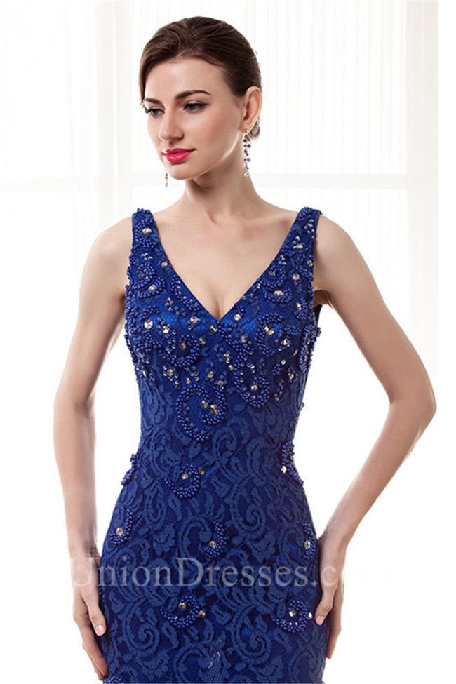 Gorgeous Sheath V Neck Floor Length Royal Blue Lace Beaded Evening Prom Dress 3538