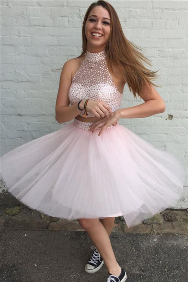 Gorgeous Tutu Halter Two Piece Short Blush Pink Tulle Beaded Prom Dress 2066