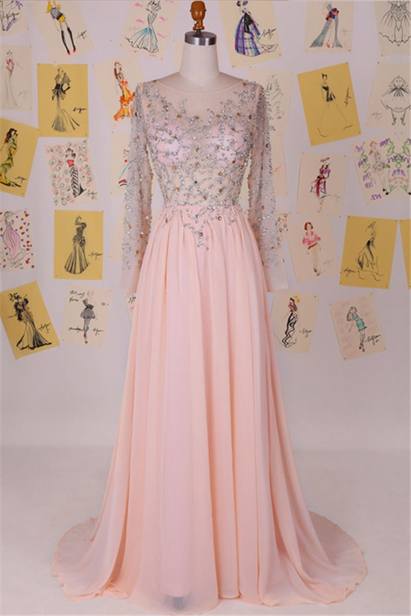 Illusion Neckline Blush Pink Chiffon Tulle Beaded See Through Long Sleeve Prom Dress 