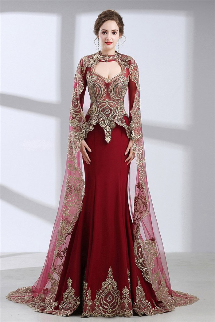 Mermaid Front Cut Out Burgundy Satin Gold Lace Evening Prom Dress With Cape 8387