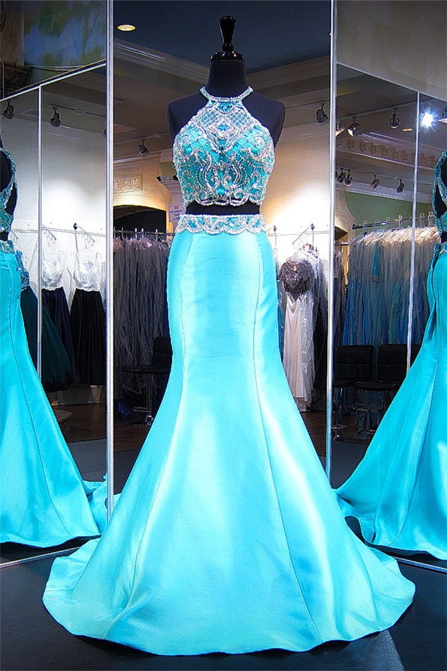 Mermaid Halter Open Back Two Piece Aqua Satin Beaded Prom Dress