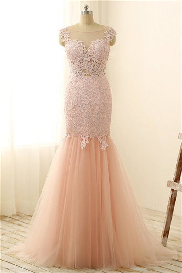 Mermaid Illusion Neckline Blush Pink Tulle Lace Prom Dress 