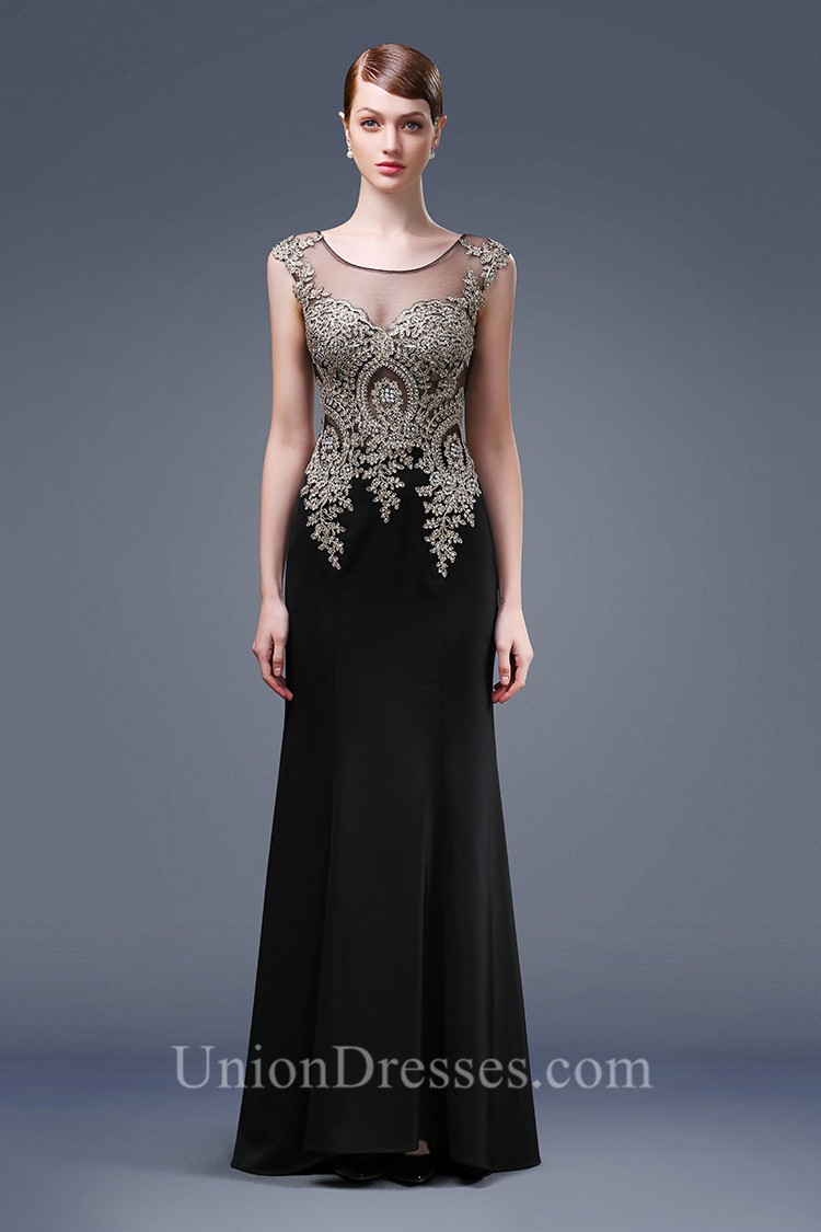 Mermaid Illusion Neckline Sheer Back Black Satin Gold Lace Applique Evening Prom Dress