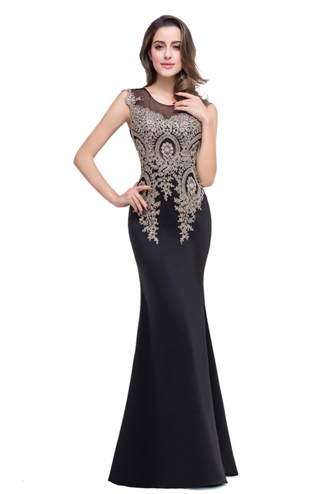 Mermaid Scoop Neck Black Satin Gold Lace Applique Prom Dress