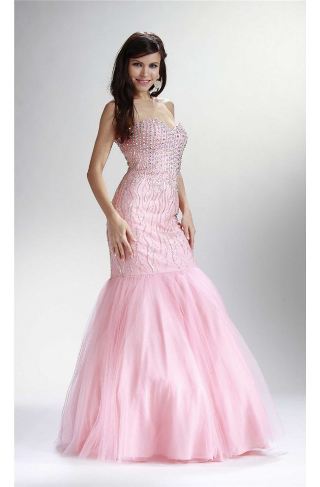 Mermaid Sweetheart Corset Light Pink Tulle Beaded Rhinestone Prom Dress