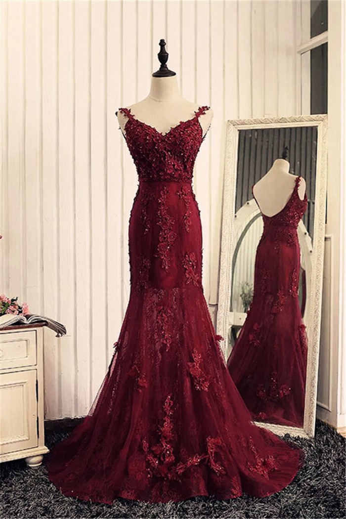 Mermaid Sweetheart Open Back Burgundy Lace Beaded Prom Dress With Straps 0130