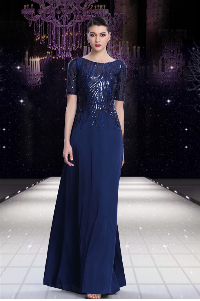 Modest Sheath Bateau Neck Long Navy Blue Chiffon Sequined Evening Dress