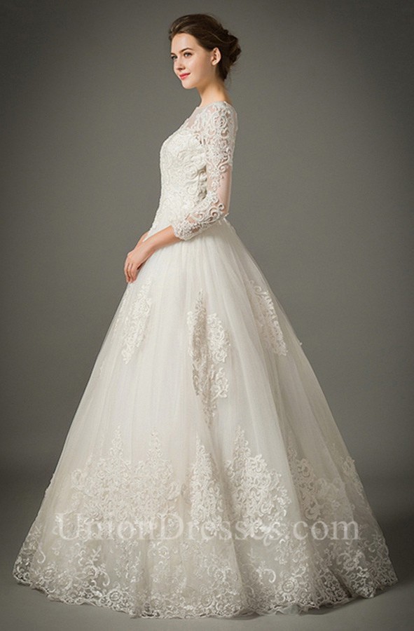 princess-a-line-sheer-neckline-tulle-lace-sleeve-wedding-dress-no-train