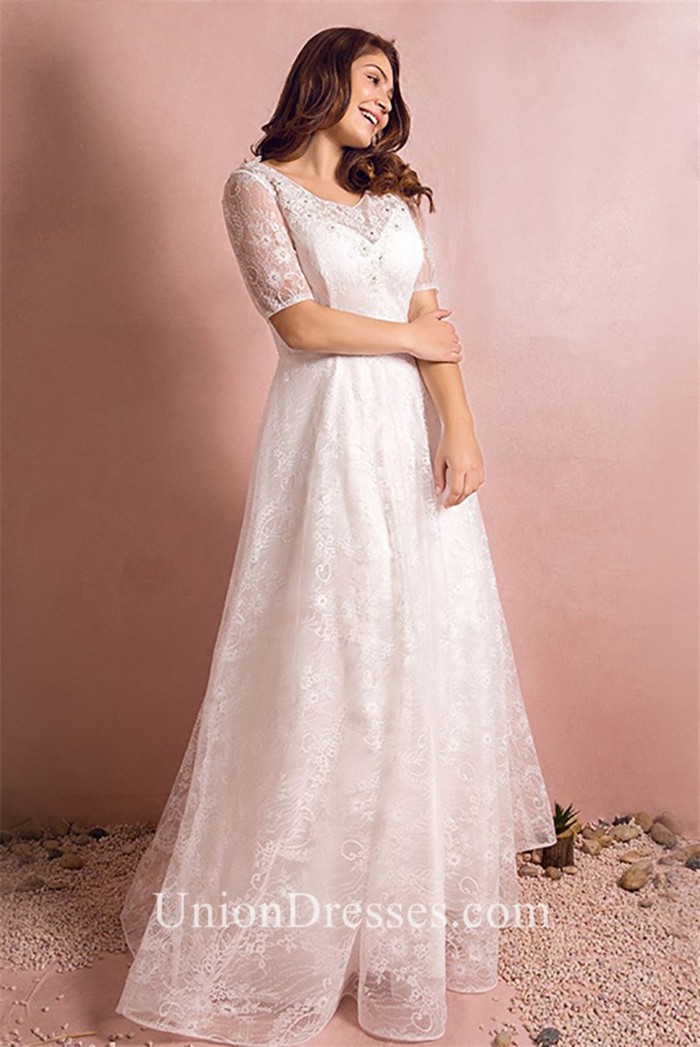 princess-scoop-neck-short-sleeve-lace-plus-size-wedding-dress-no-train