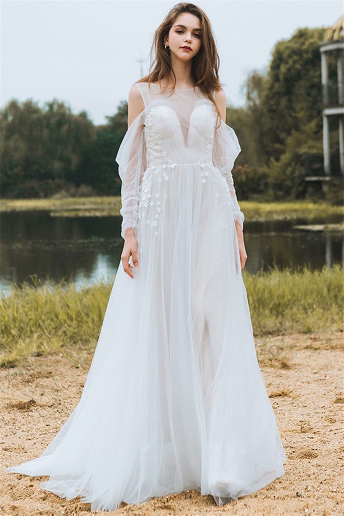 princess-sheer-neckline-back-tulle-flower-bohemian-wedding-dress-with-sleeves