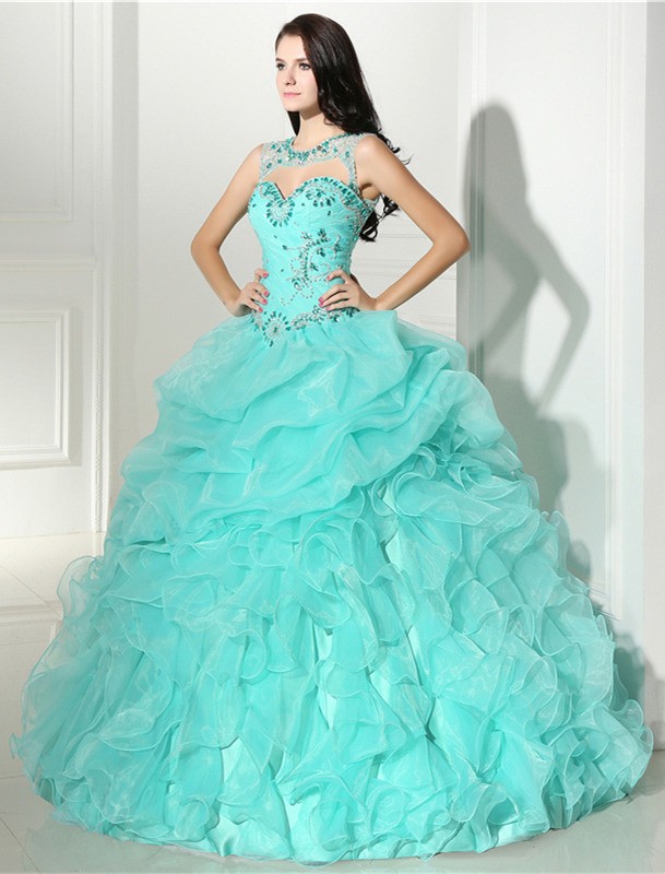 Puffy Ball Gown Mint Green Organza Ruffle Quinceanera Prom Dress With ...