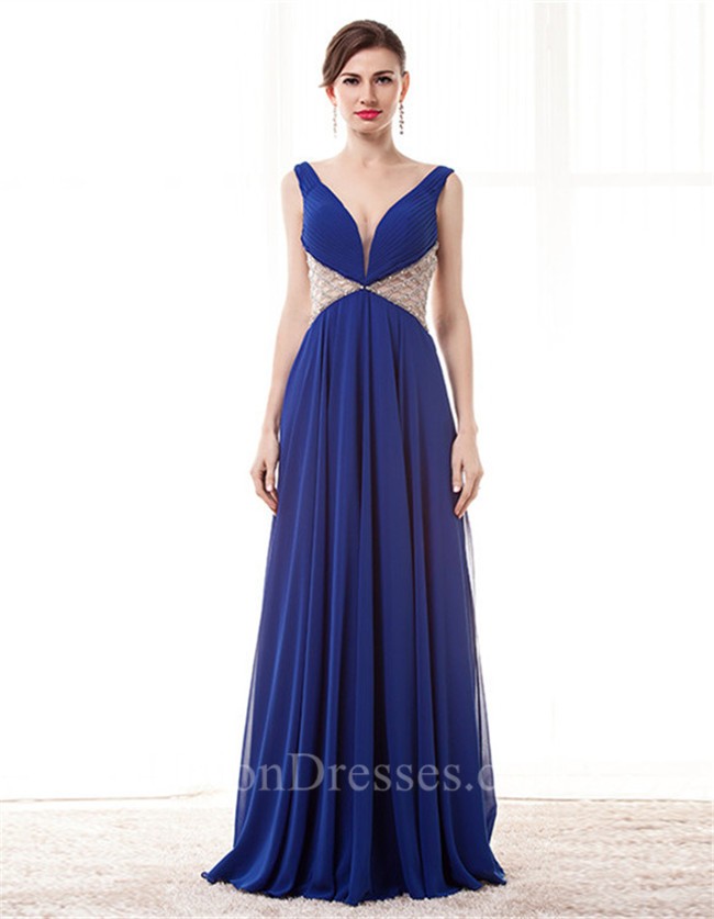 Sexy Deep V Neck Long Royal Blue Chiffon Flowing Prom Dress With Beading 