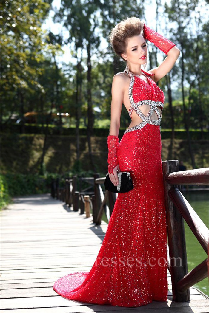 Sexy Halter Backless Cut Out Red Tulle Sequin Evening Prom Dress 3875