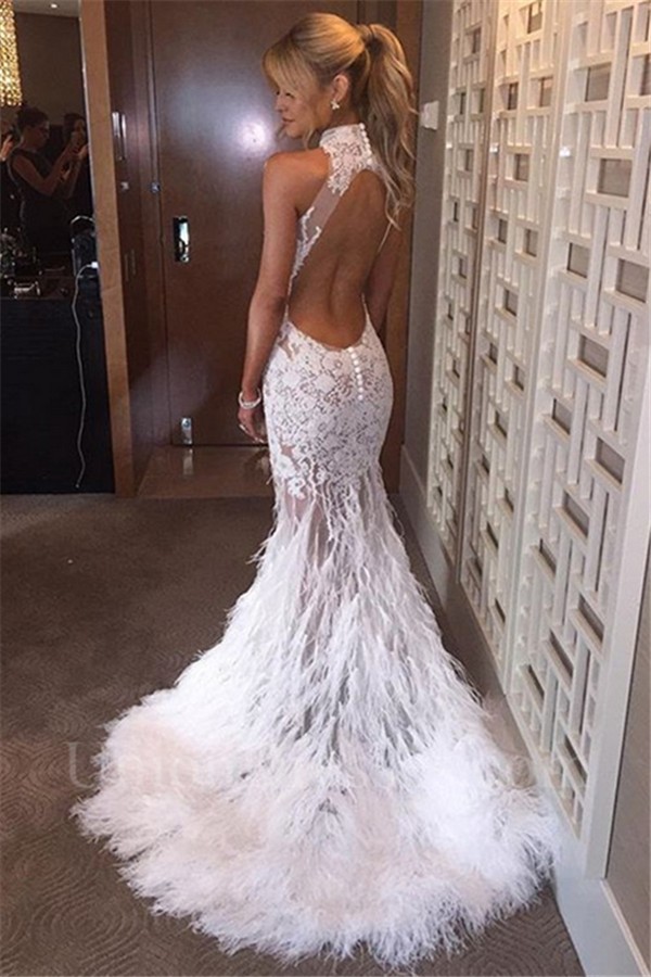 Sexy High Neck Backless See Through White Lace Feather Prom Dress
