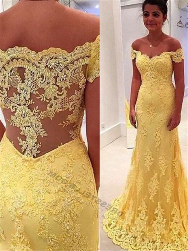 Sexy Off The Shoulder Yellow Lace Evening Prom Dress 1074