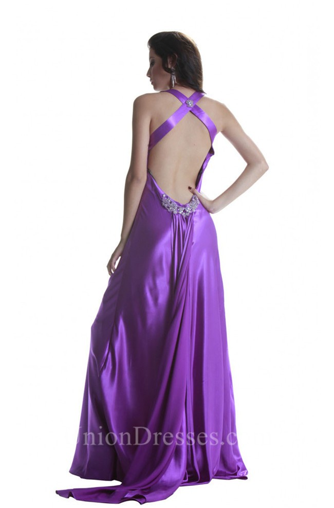 Sexy Sweetheart Backless High Slit Purple Silk Prom Dress With Straps 5795