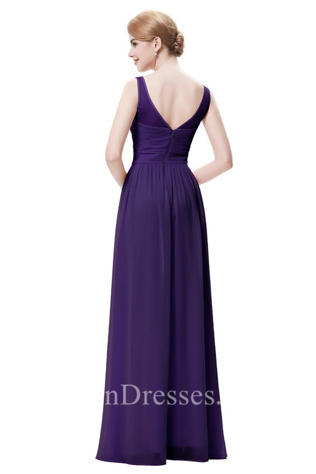 Sheath Boat Neck Sleeveless Long Purple Chiffon Beaded Prom Dress 2199