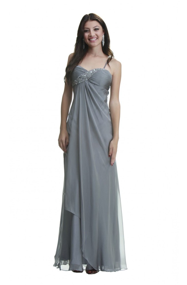 Sheath Empire Waist Long Silver Chiffon Beaded Prom Dress Spaghetti Straps 