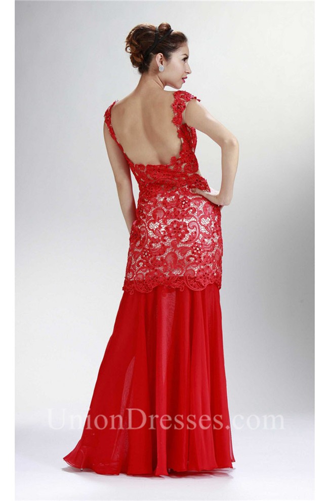 Sheath Illusion Neckline Cap Sleeve Backless Red Chiffon Lace Prom Dress 