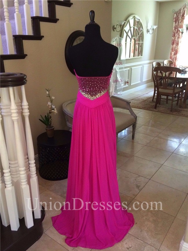 Sheath Strapless Sheer Back Long Hot Pink Chiffon Beaded Prom Dress