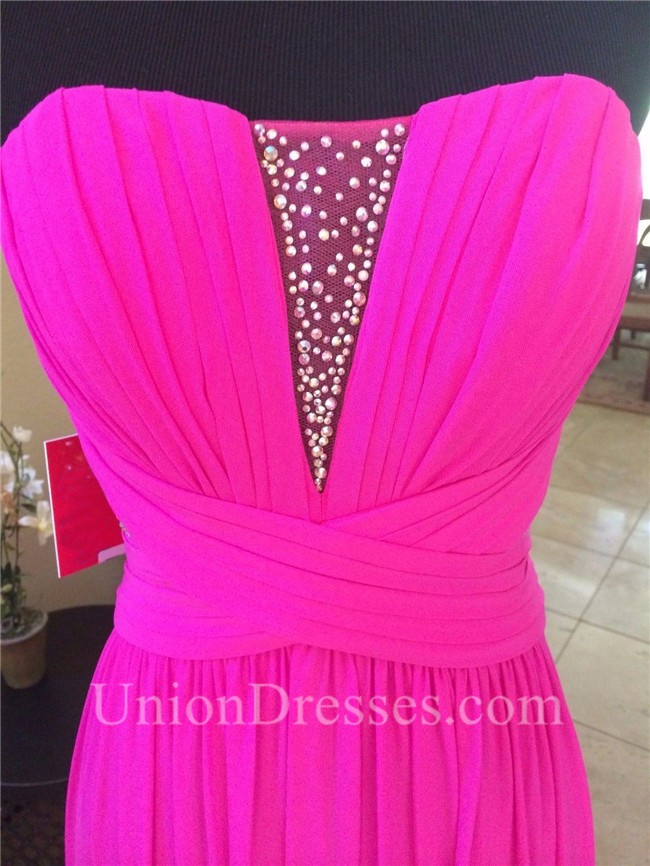 Sheath Strapless Sheer Back Long Hot Pink Chiffon Beaded Prom Dress 