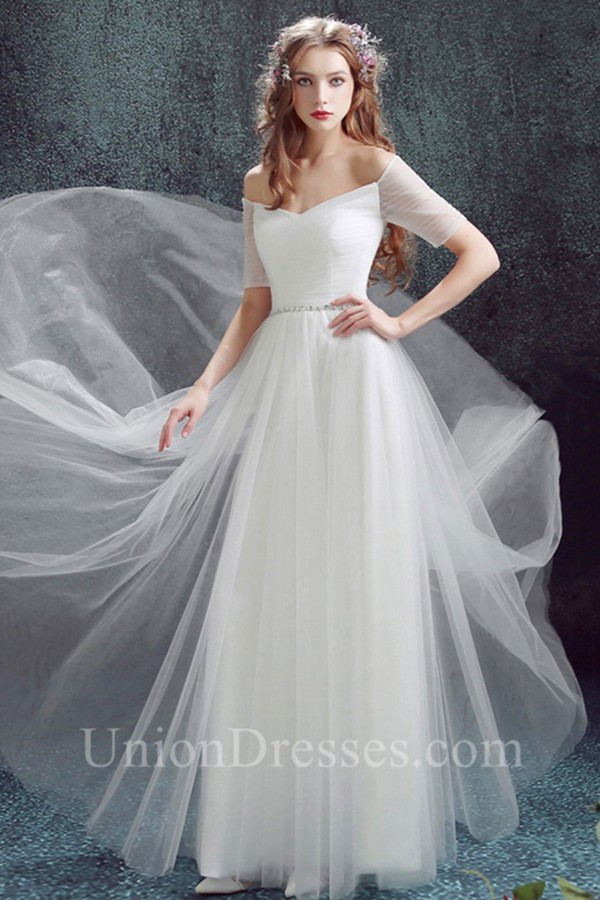 Simple Off The Shoulder Tulle Sleeve Wedding Dress Without Train 