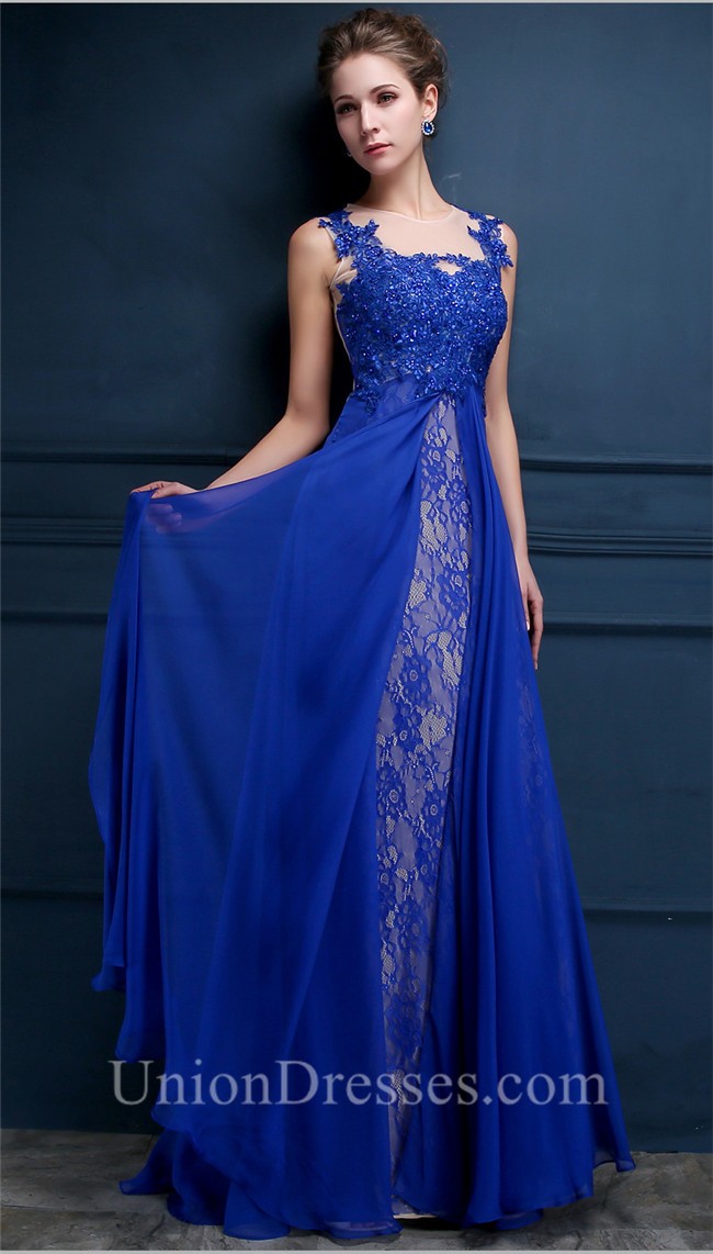 Stunning Illusion Neckline Sleeveless Royal Blue Chiffon Lace Prom Dress