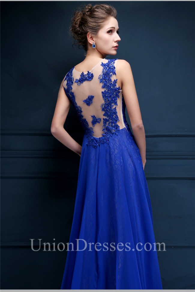 Stunning Illusion Neckline Sleeveless Royal Blue Chiffon Lace Prom Dress