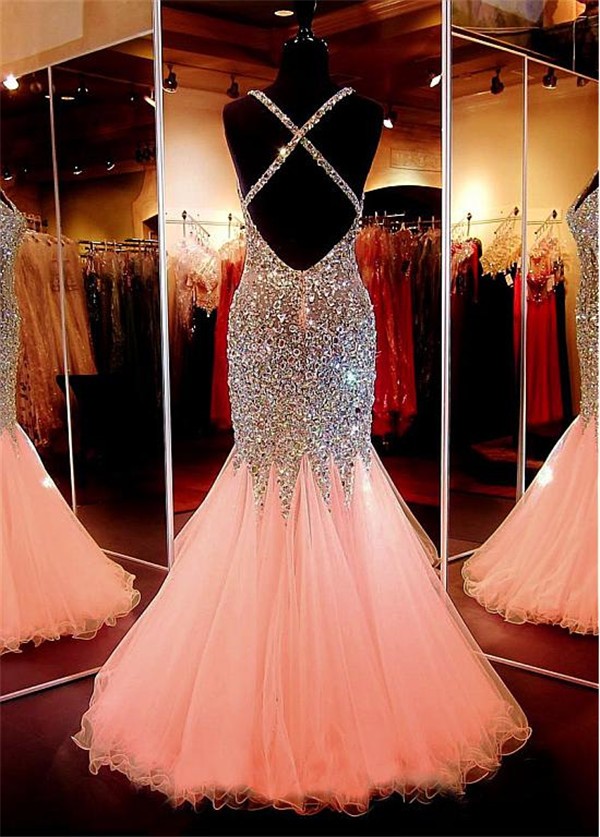 Stunning Mermaid Backless Blush Pink Tulle Beaded Prom Dress With Straps