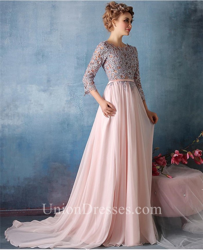 Three Quarter Sleeve Blush Pink Chiffon Lace Beaded Evening Dress With Train 8213