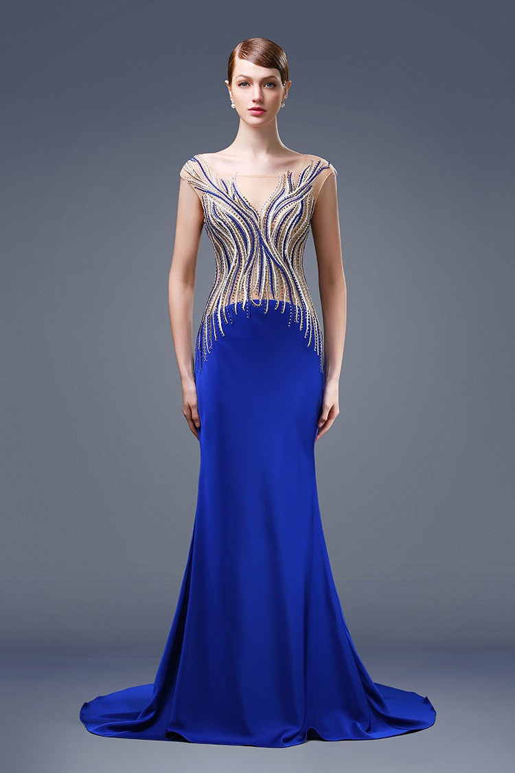 Unique Mermaid Bateau Neck Royal Blue Satin Beaded Special Occasion Evening Dress