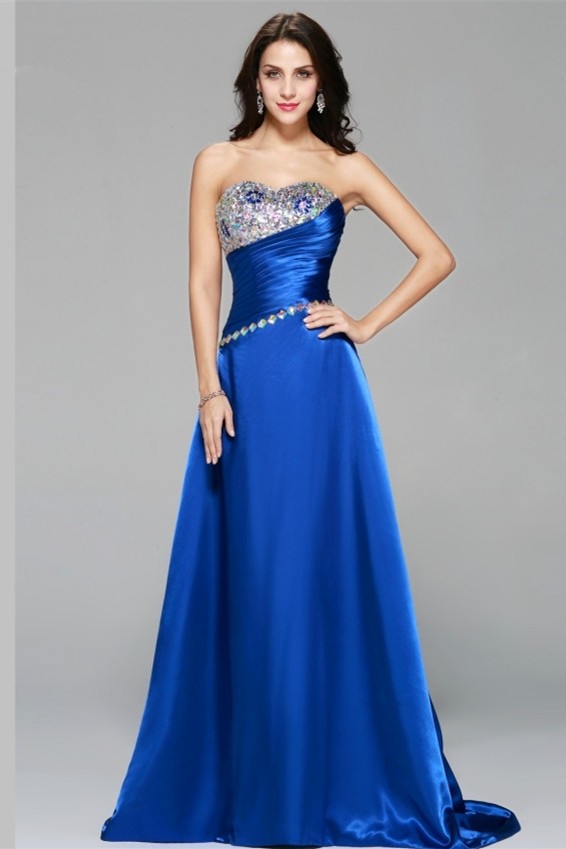 Elegant A Line Sweetheart Corset Ruched Crystal Beaded Royal Blue Prom Evening Dress 2926