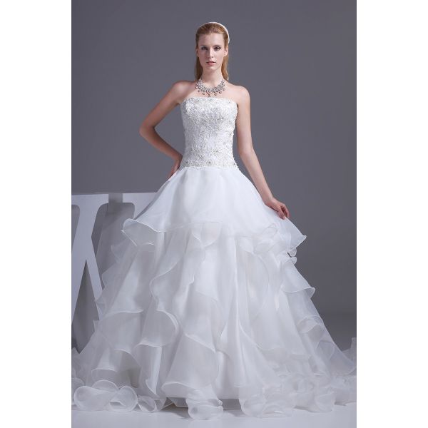 Stunning Ball Gown Strapless Corset Beaded Lace Ruffled Organza Wedding