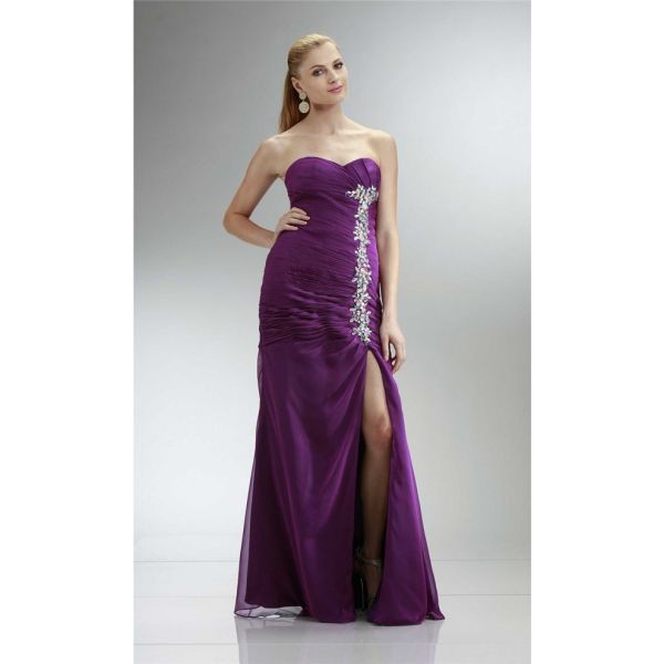 Sexy Strapless High Slit Long Purple Chiffon Beaded Prom Dress