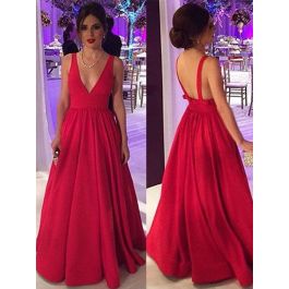 Beautiful A Line V Neck Low Back Red Prom Party Dress