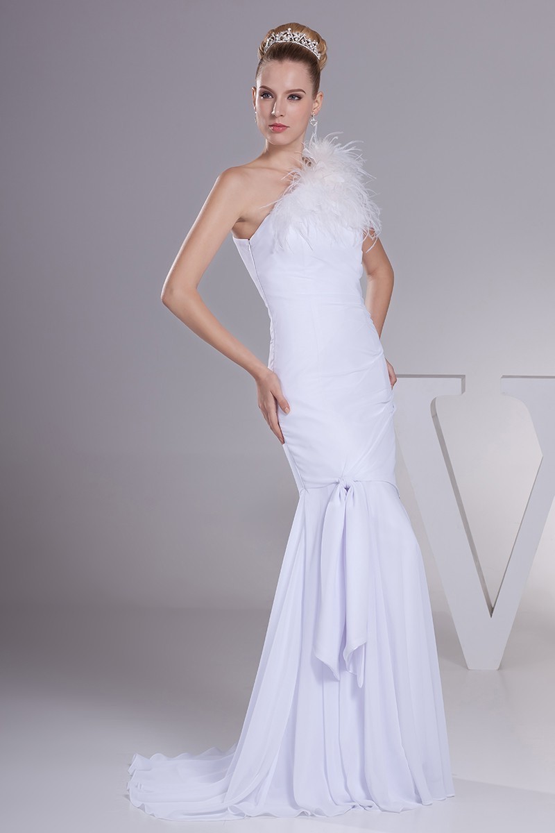 Beautiful Mermaid One Shoulder Feather Pleated White Chiffon Beach