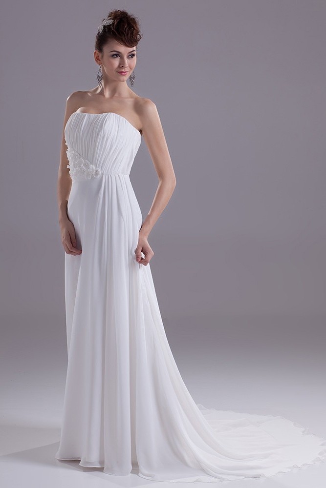 Beautiful A Line Strapless Beaded Flowers Pleated White Chiffon