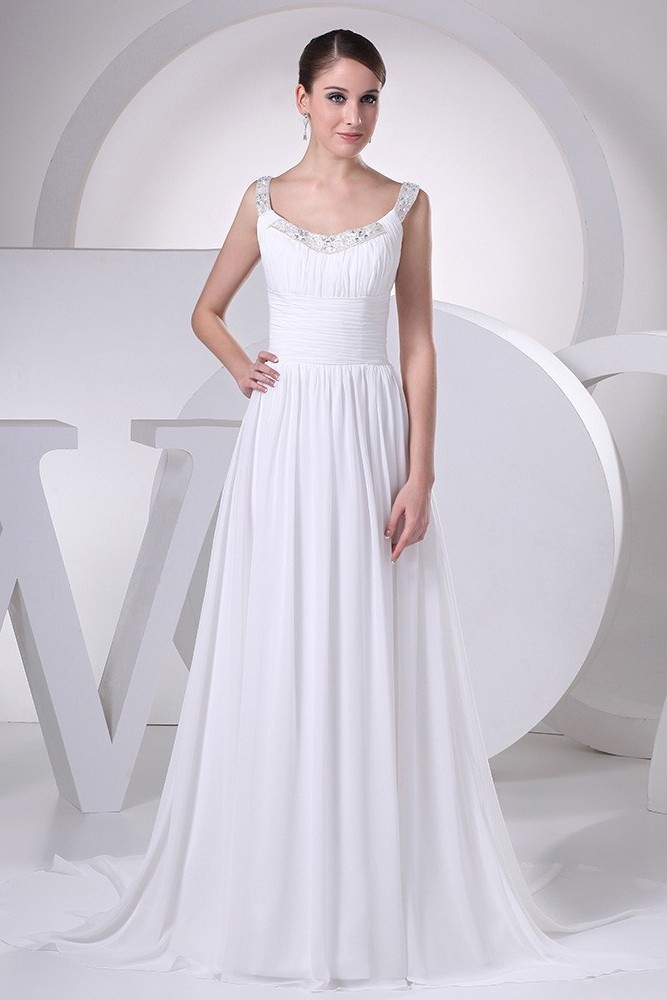 Stunning A Line Scoop Crystal Beaded Straps Pleated White Chiffon