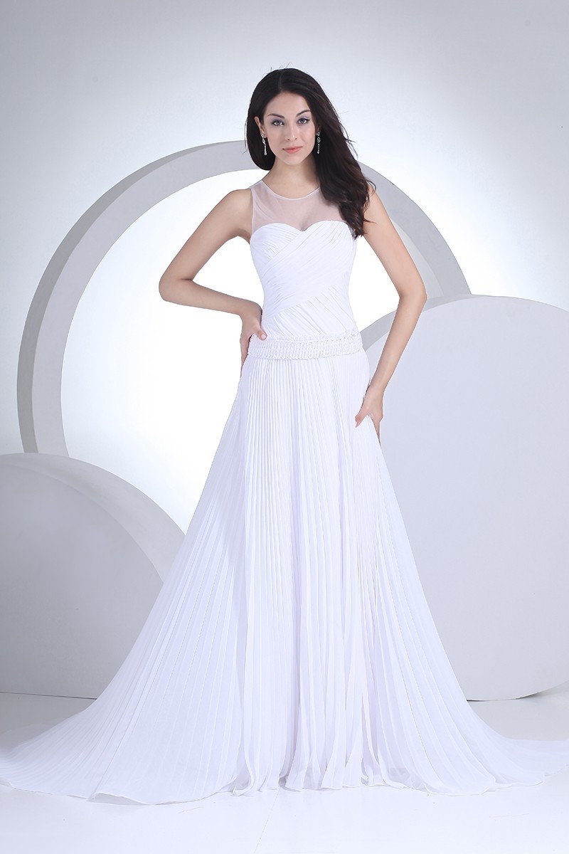 Elegant A Line Illusion Neckline Pleated White Chiffon Beach