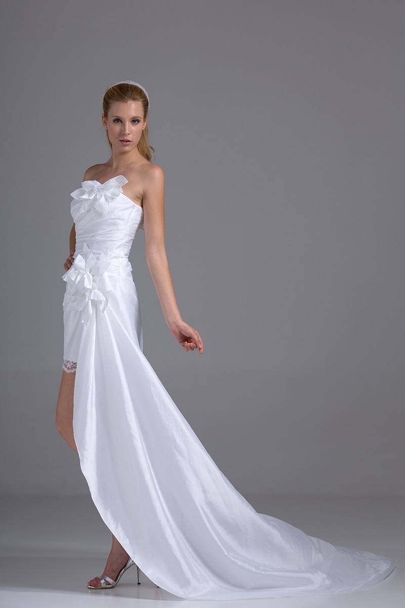 Elegant High Low Strapless Ruched White Taffeta Beach Destination