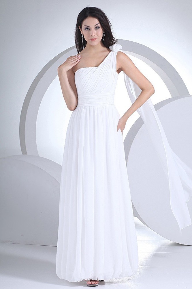 Simple A Line One Shoulder Pleated White Chiffon Beach Destination