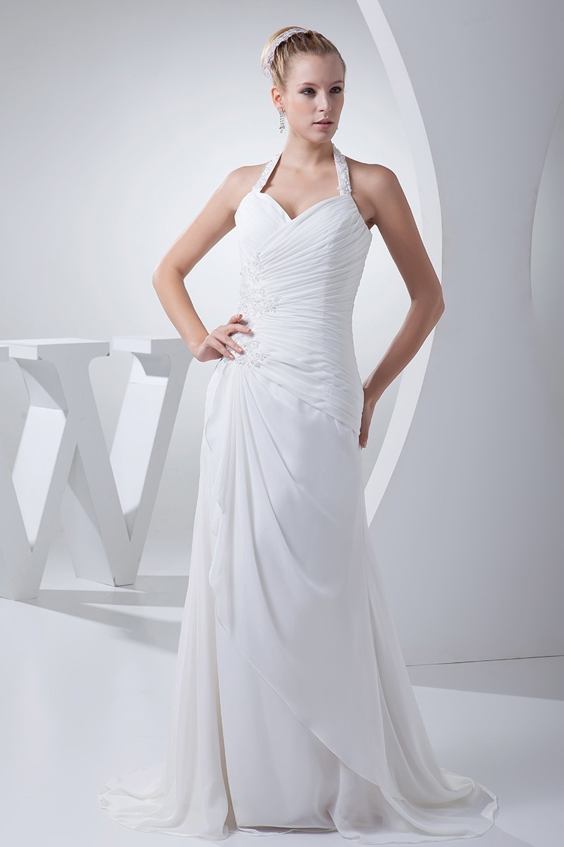 Beautiful Sheath Halter Beaded Appliques Pleated White Chiffon