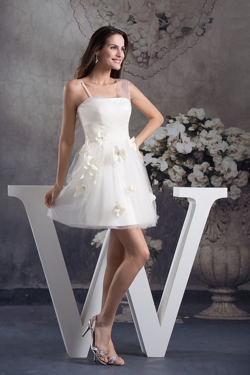 Short Mini A Line Asymmetric Neckline With Flower Ruched Tulle