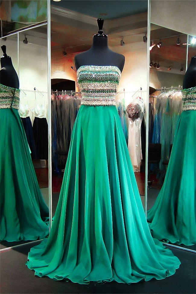 A Line Strapless Long Emerald Green Chiffon Beaded Prom Dress