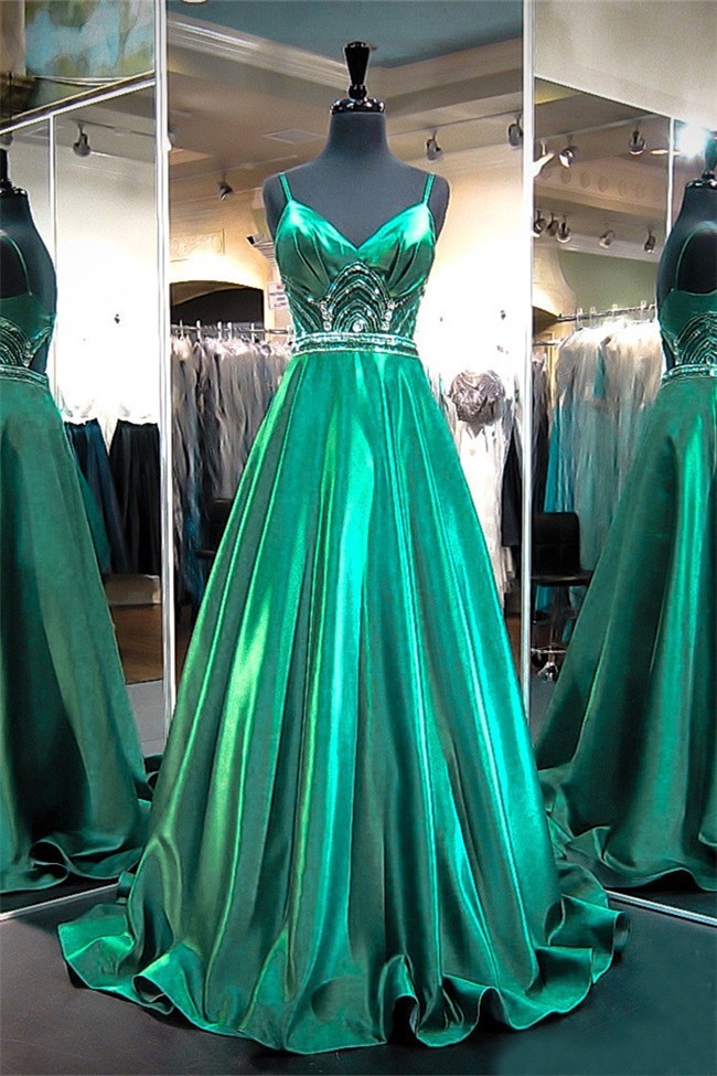 A Line Sweetheart Cut Out Back Emerald Green Satin Beaded Prom Dress ...