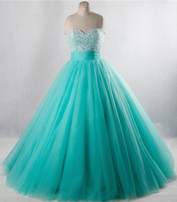 Ball Gown Strapless Aqua Tulle Beaded Prom Dress Lace Up Back