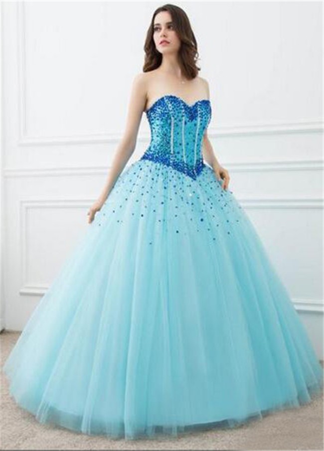 Ball Gown Strapless Light Blue Tulle Beaded Prom Dress Corset Back 4221