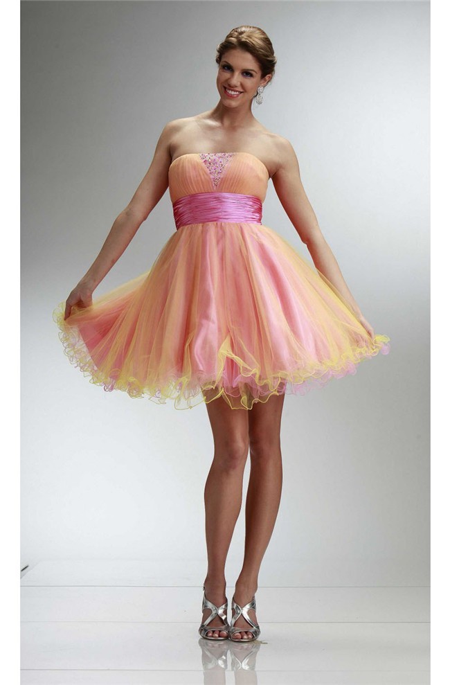 Ball Strapless Short Pink And Yellow Tulle Beaded Cocktail Prom Dress